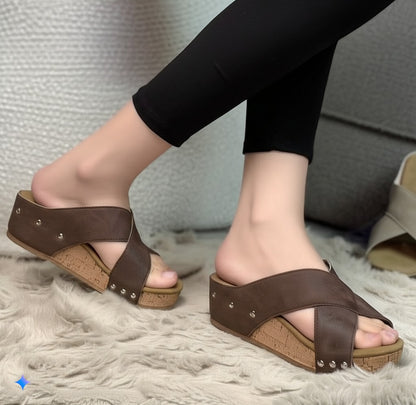 Rustic Brown Studded Wedge Sandals