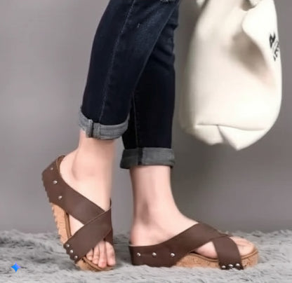 Rustic Brown Studded Wedge Sandals