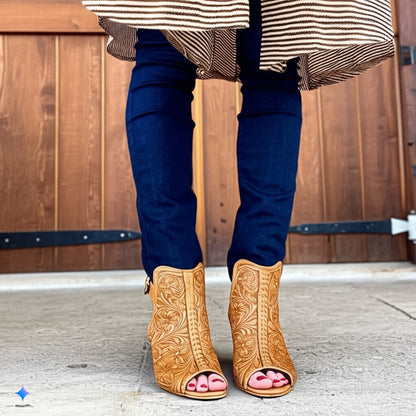 Embroidered Peep - Toe Ankle Booties