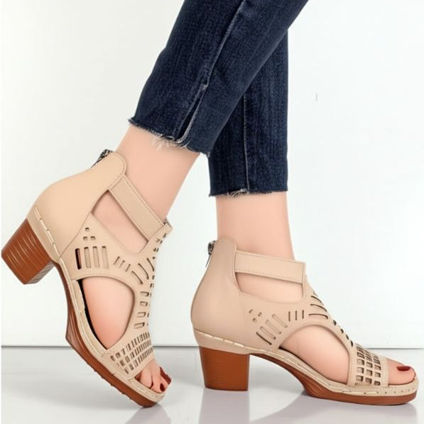 Beige Perforated Ankle Strap Block Heel Sandals