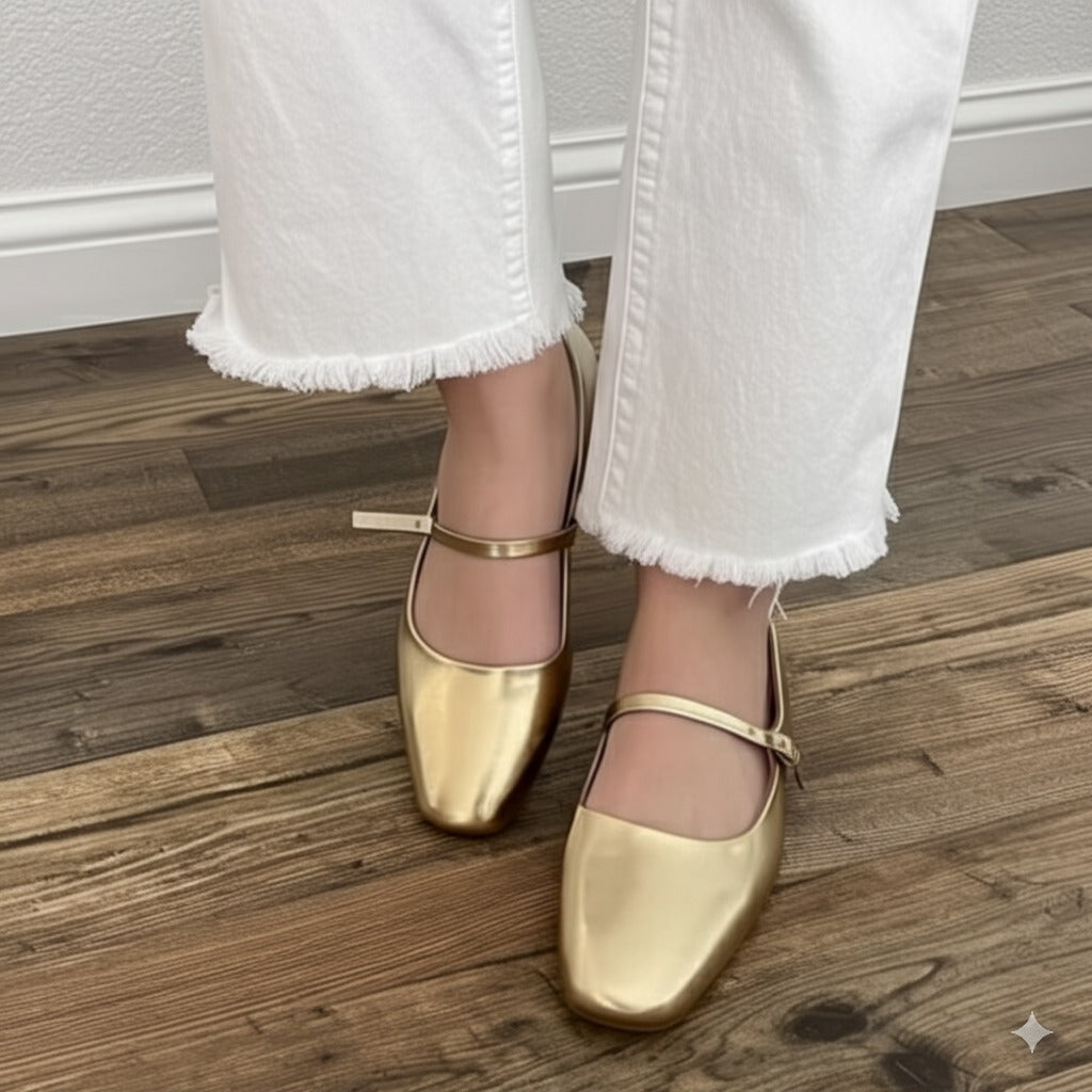 Golden Mary Jane Flats Product Information