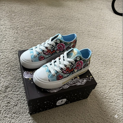 Floral And Skull Print Canvas Sneakers