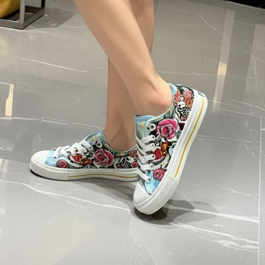 Floral And Skull Print Canvas Sneakers