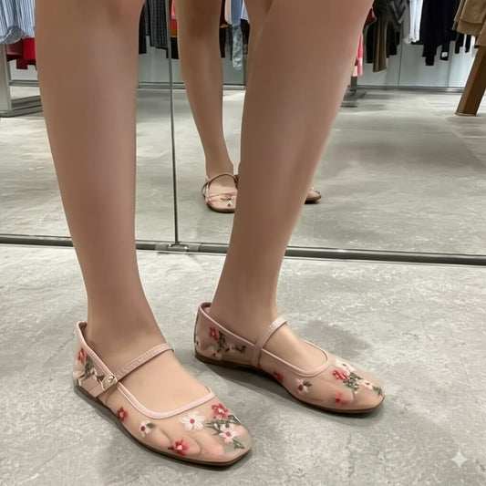 Pink Floral Embroidered Mary Jane Flats