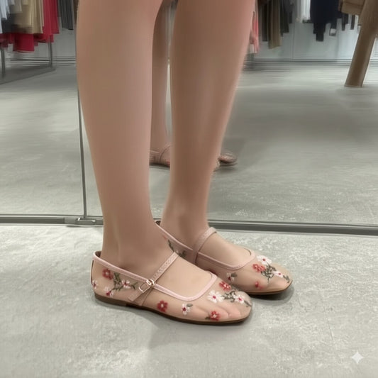 Pink Floral Embroidered Mary Jane Flats