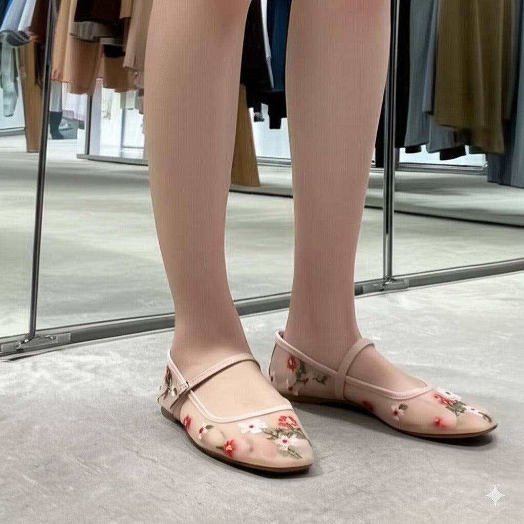 Pink Floral Embroidered Mary Jane Flats