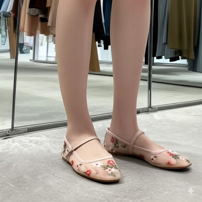 Pink Floral Embroidered Mary Jane Flats