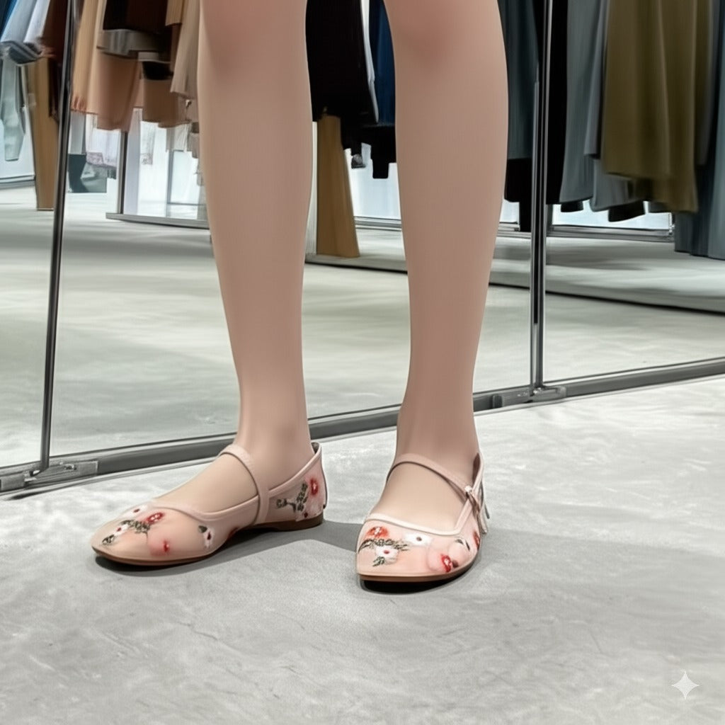 Pink Floral Embroidered Mary Jane Flats