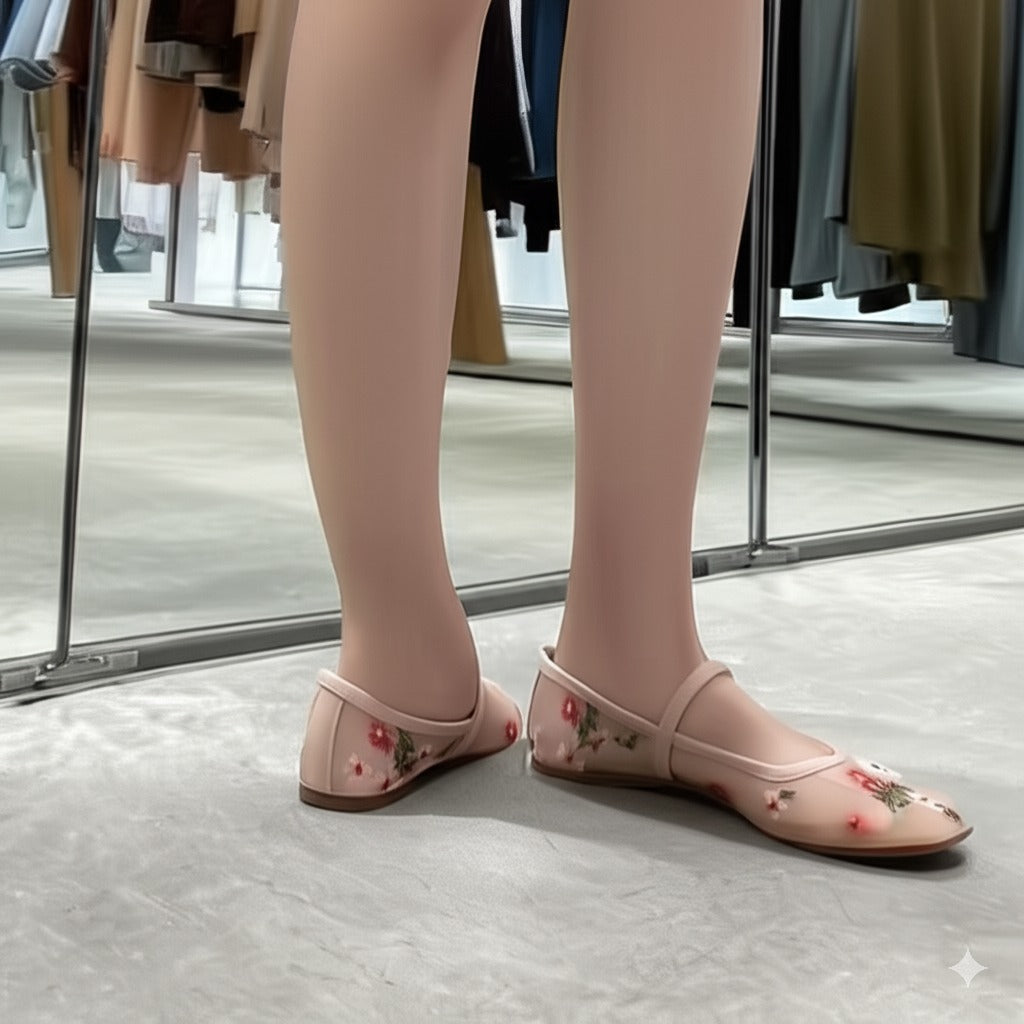 Pink Floral Embroidered Mary Jane Flats