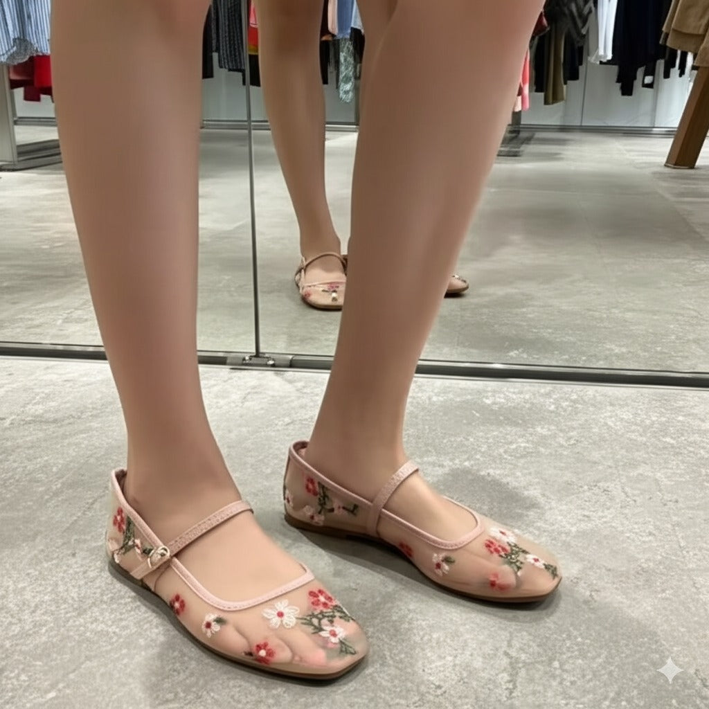 Pink Floral Embroidered Mary Jane Flats