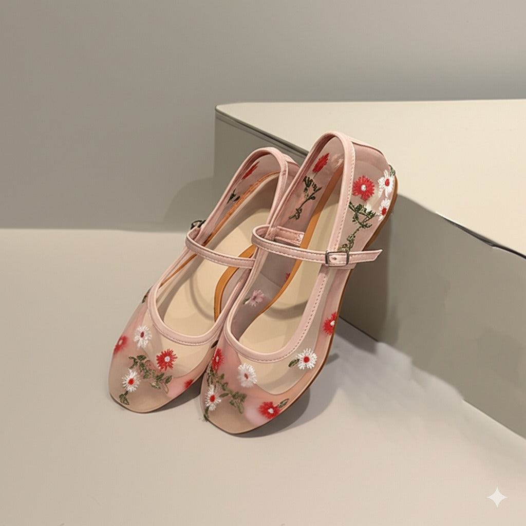 Pink Floral Embroidered Mary Jane Flats