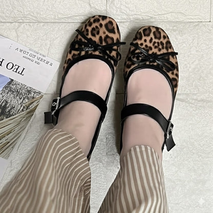 Leopard Print Mary Jane Flats With Bow