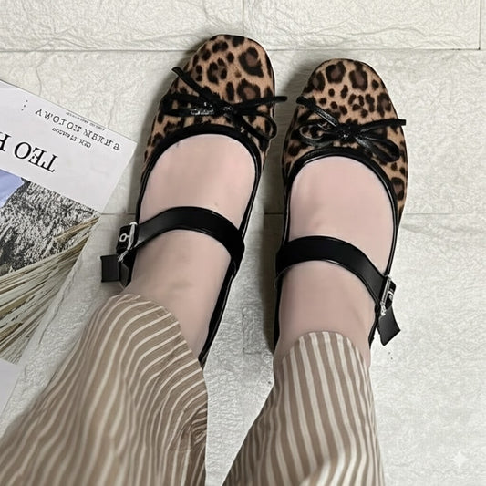 Leopard Print Mary Jane Flats With Bow