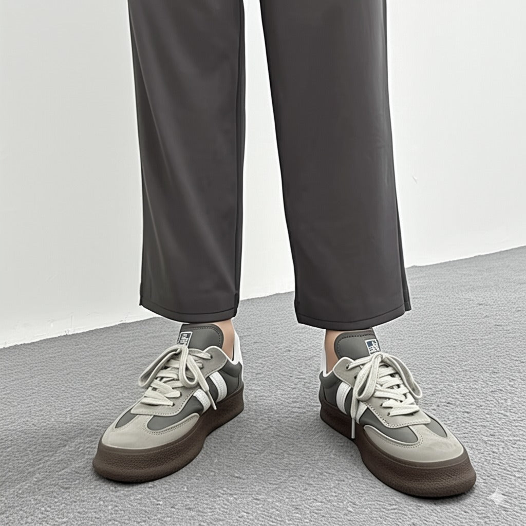 Grey and White Striped Chunky Sole Sneakers