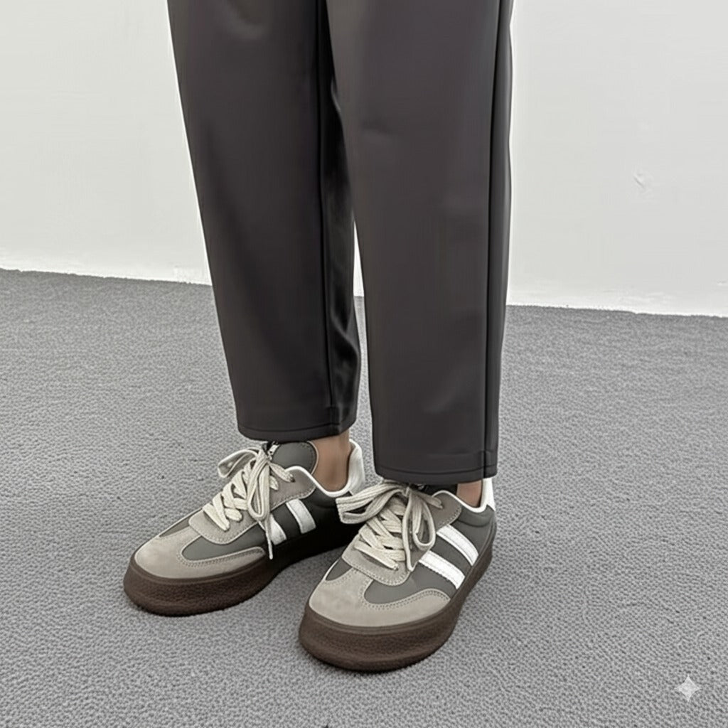 Grey and White Striped Chunky Sole Sneakers