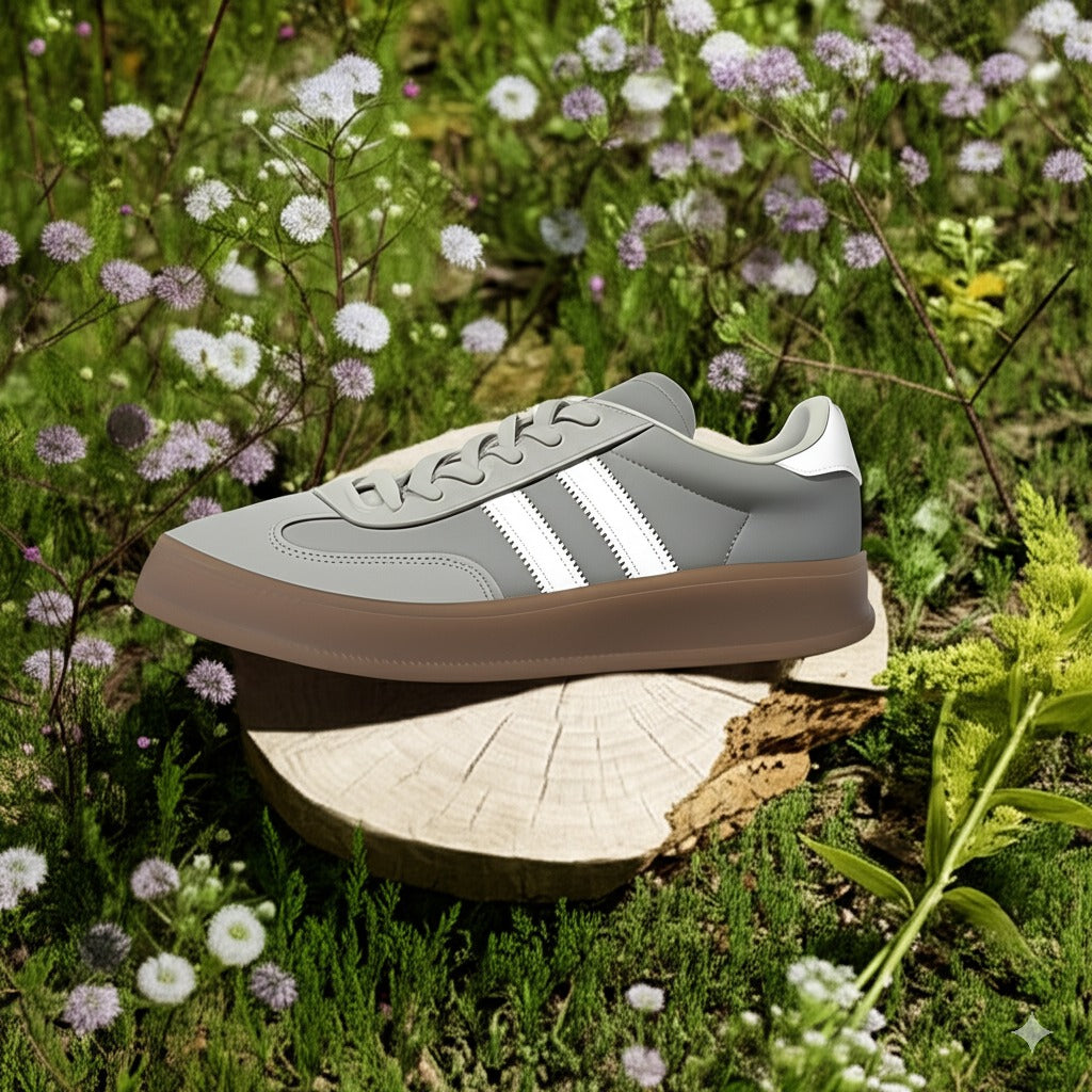 Grey and White Striped Chunky Sole Sneakers