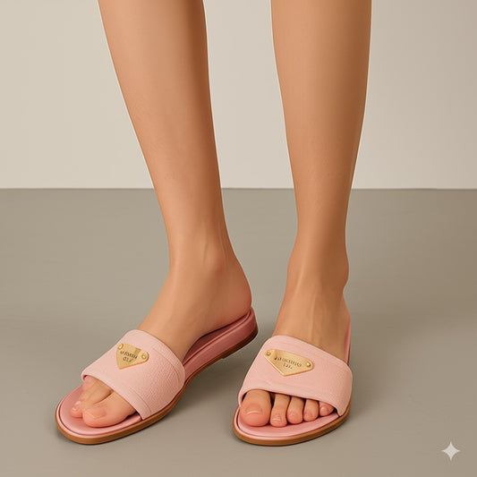 Pink Terry Cloth Slide Sandals With Gold Plate