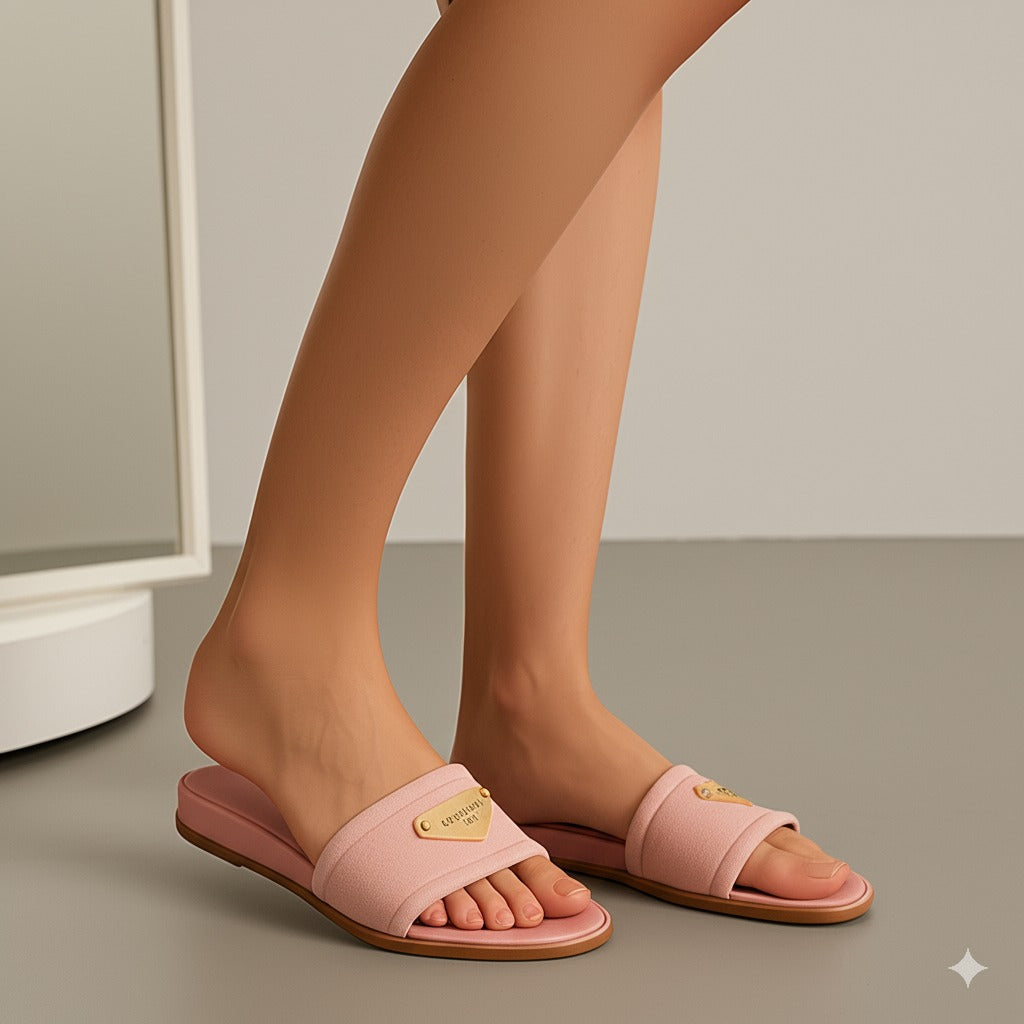 Pink Terry Cloth Slide Sandals With Gold Plate