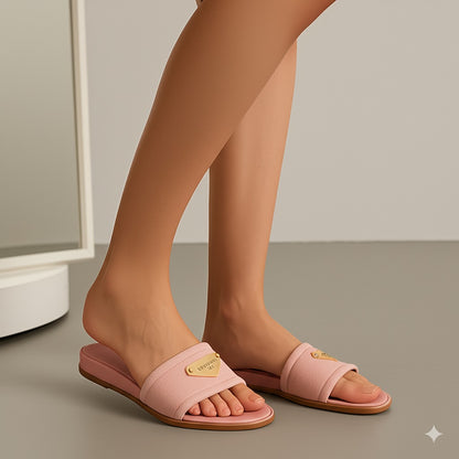 Pink Terry Cloth Slide Sandals With Gold Plate