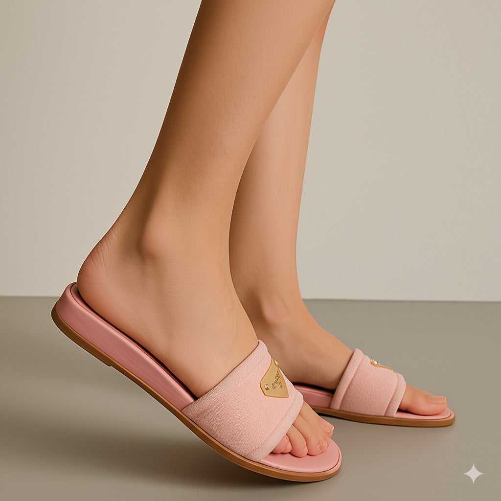 Pink Terry Cloth Slide Sandals With Gold Plate