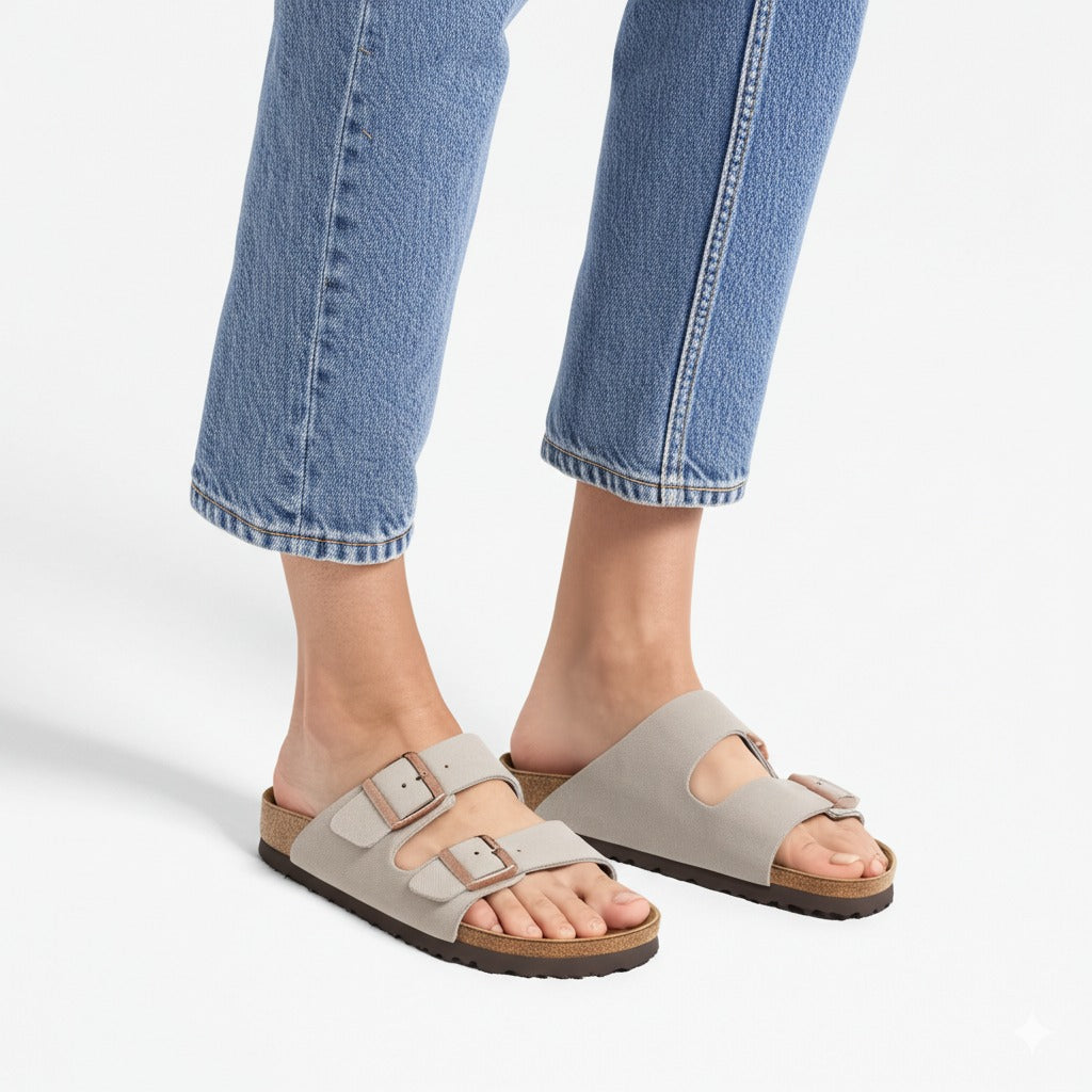 Dual - Strap Suede Slide Sandals With Rose Gold Buckles
