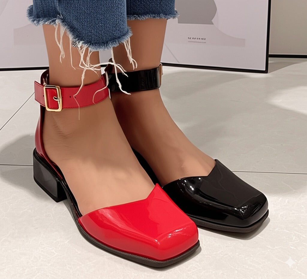 Two-Tone Ankle Strap Square-toe Flats