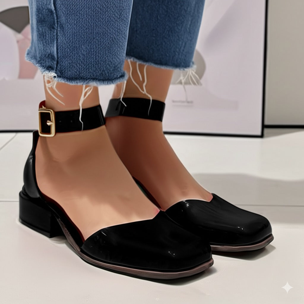 Two-Tone Ankle Strap Square-toe Flats