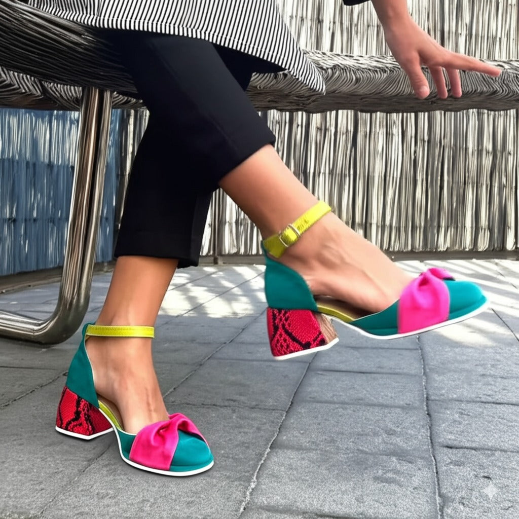 Color Block Ankle Strap Block Heel Shoes