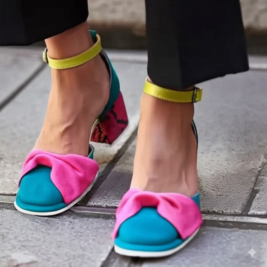 Color Block Ankle Strap Block Heel Shoes