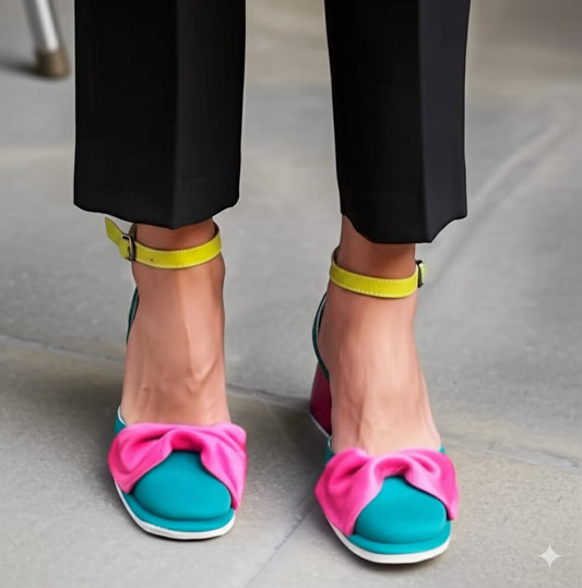Color Block Ankle Strap Block Heel Shoes