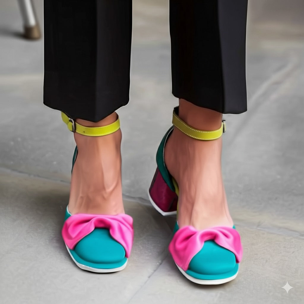 Color Block Ankle Strap Block Heel Shoes