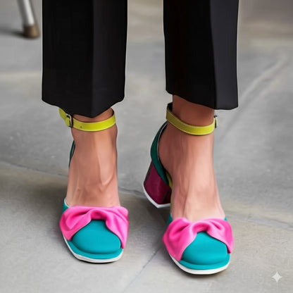 Color Block Ankle Strap Block Heel Shoes