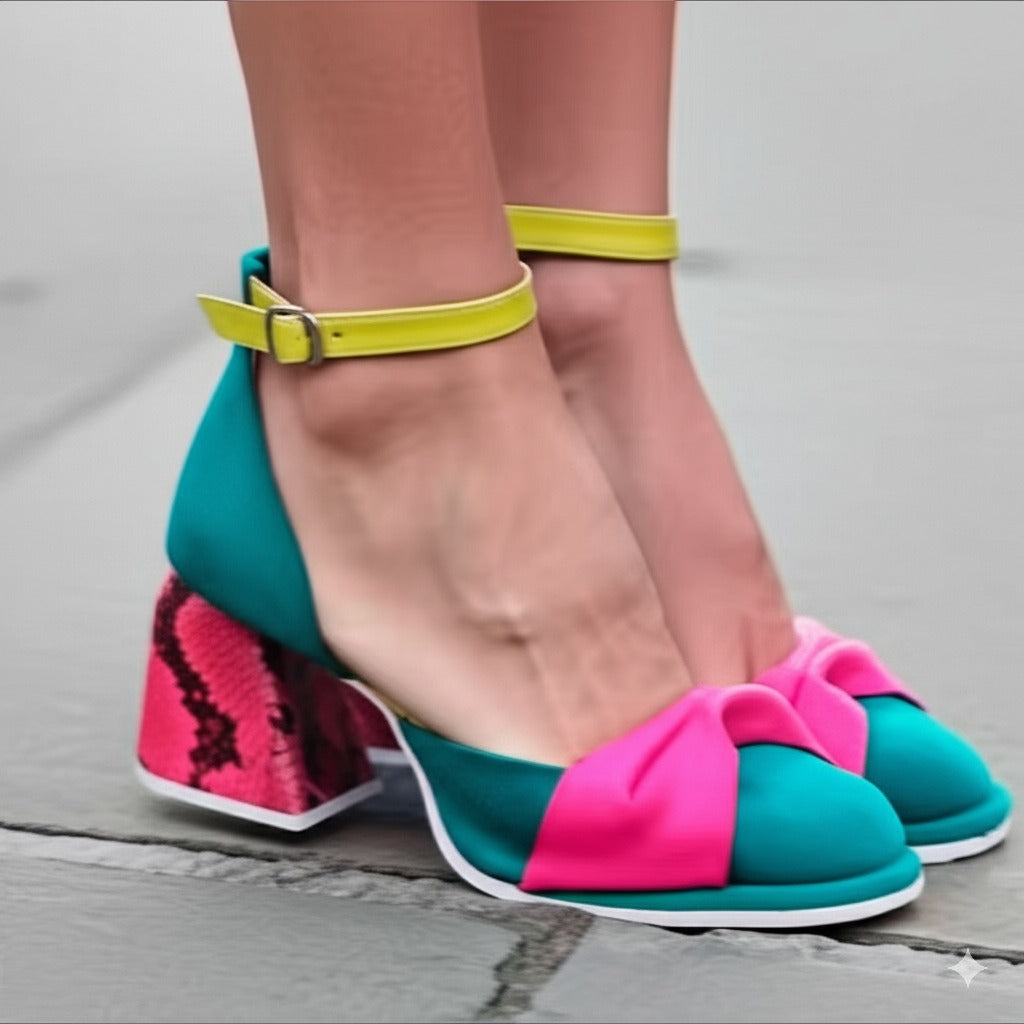 Color Block Ankle Strap Block Heel Shoes