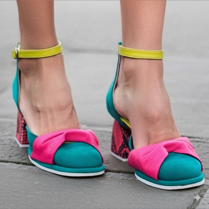 Color Block Ankle Strap Block Heel Shoes