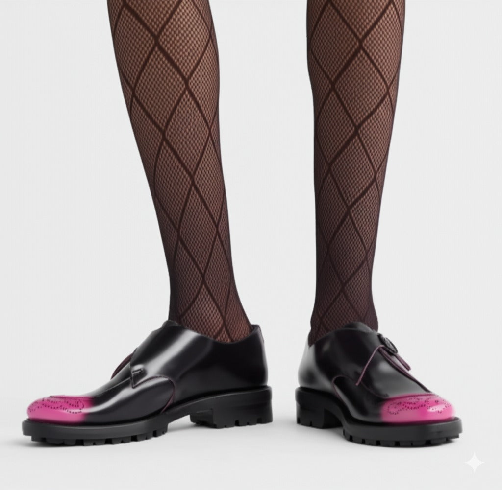 Black & Pink Italian Burnished Leather Shoes