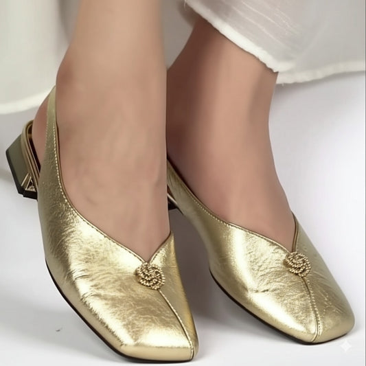 Gold Metallic Square - Toe Slingback Flats