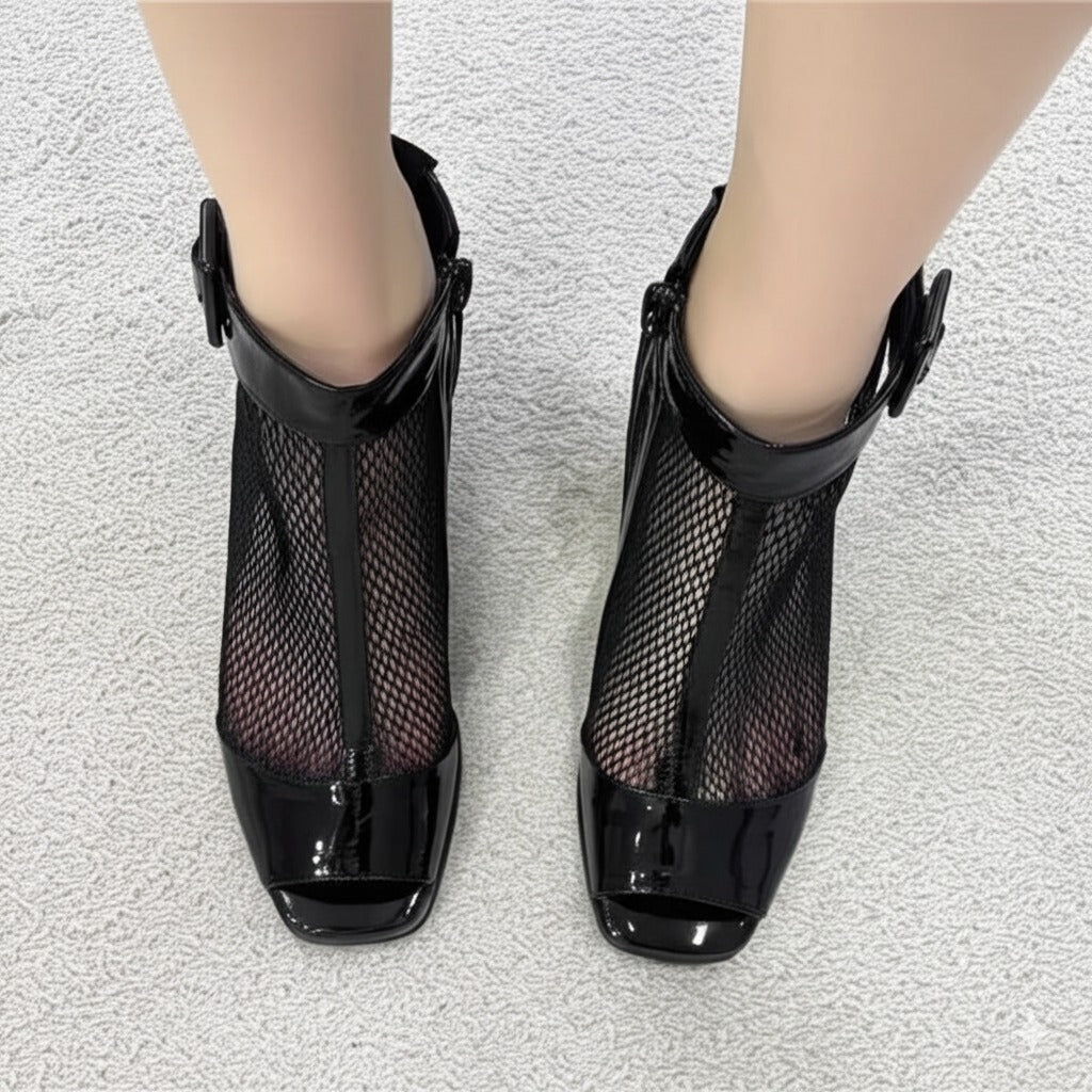 Thick-Heeled Fishmouth Mesh Ankle Boots