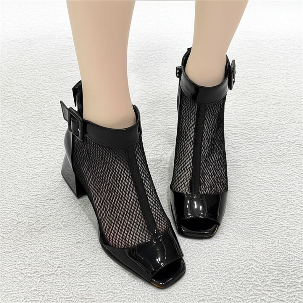 Thick-Heeled Fishmouth Mesh Ankle Boots