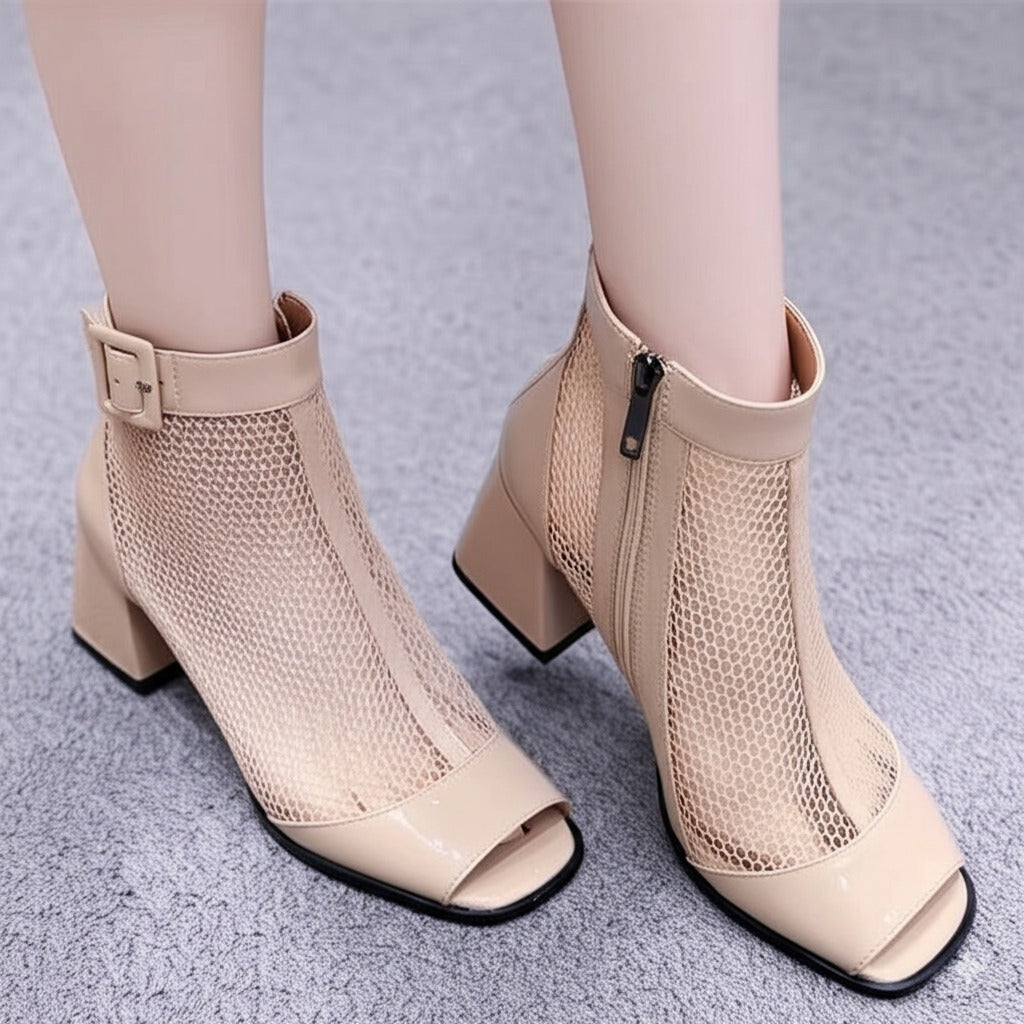 Thick-Heeled Fishmouth Mesh Ankle Boots