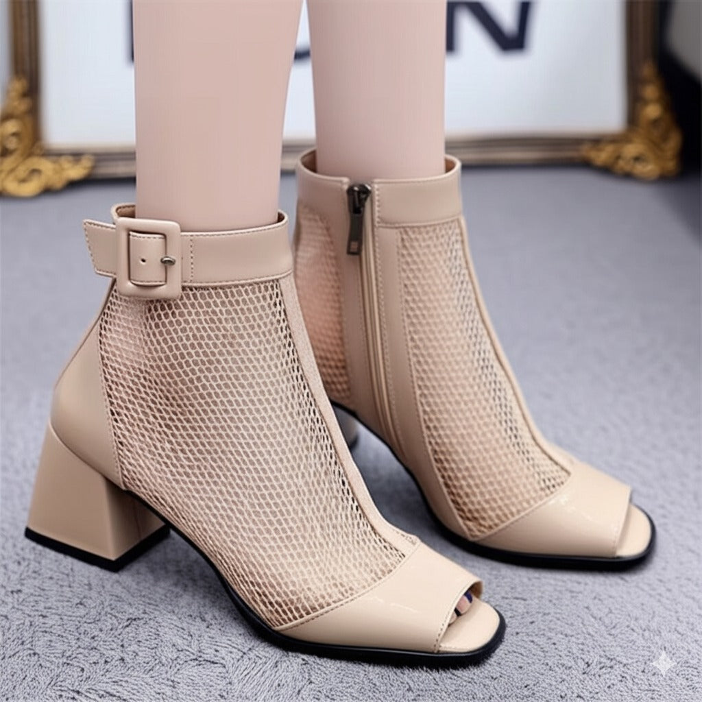 Thick-Heeled Fishmouth Mesh Ankle Boots