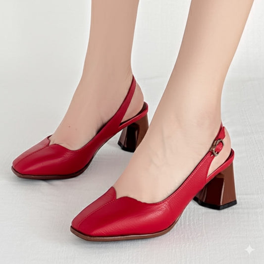 Red Leather Slingback Block Heel Pump