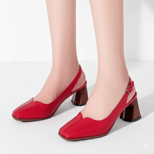 Red Leather Slingback Block Heel Pump