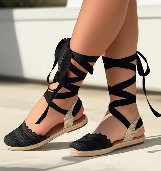 Woven Cutout Heap Tie-up Sandals