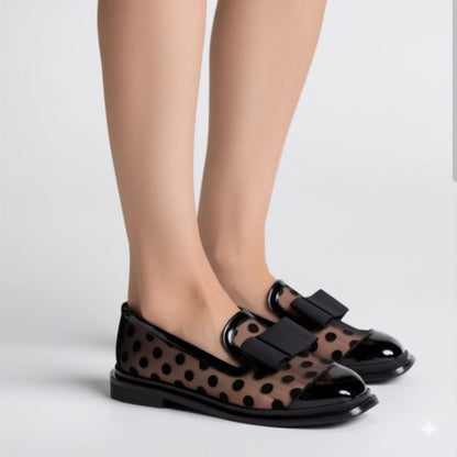 Mesh Patchwork Bow Loafers