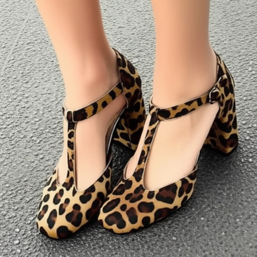Animal Print T - Strap Block Heels