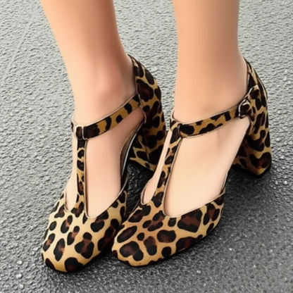 Animal Print T - Strap Block Heels