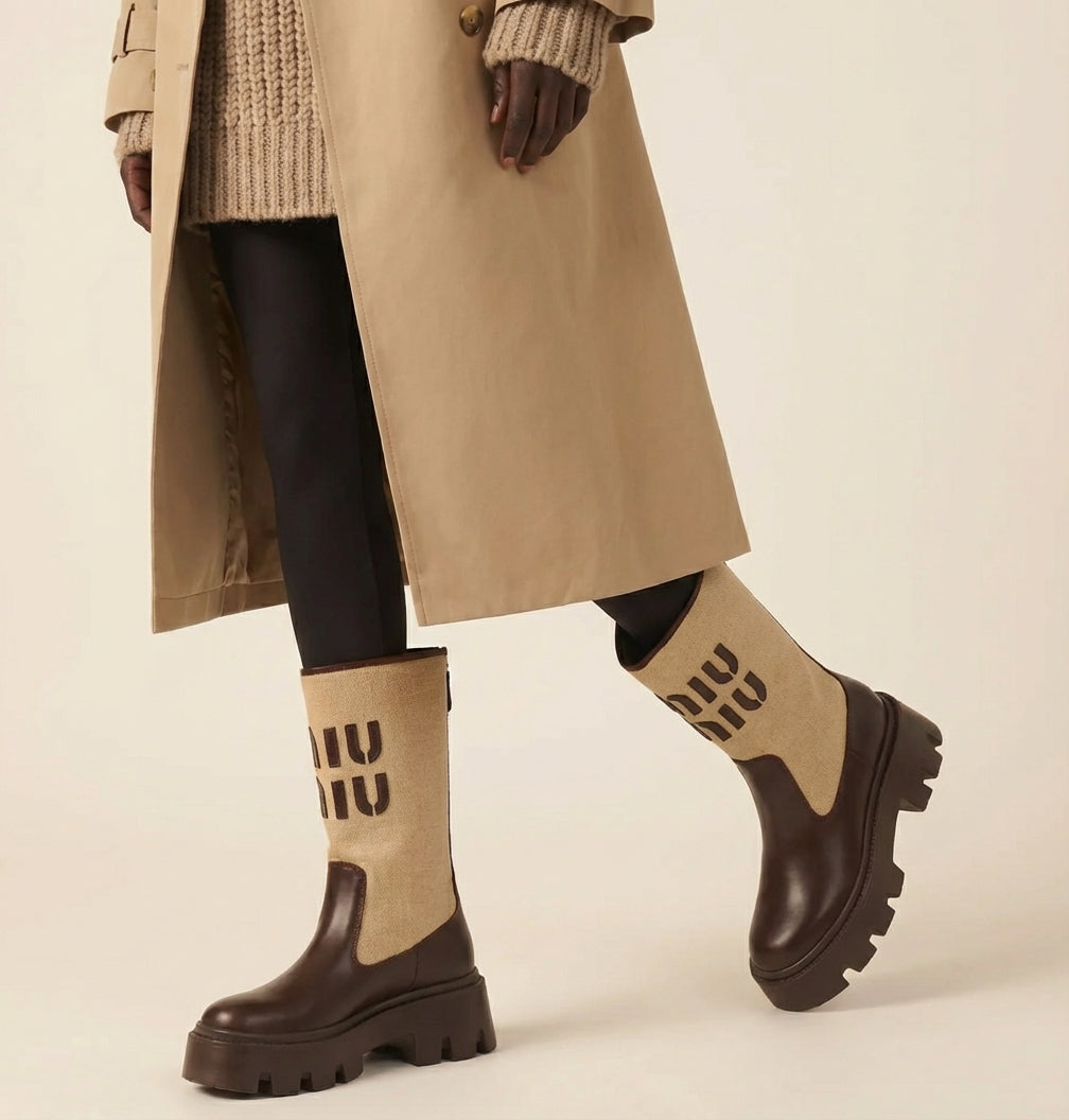 Brown Beige Patchwork Block Heel Boots