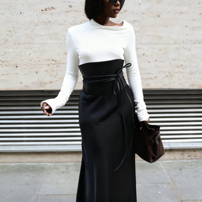 Black Minimalist Two-Piece Set With Leather Belt