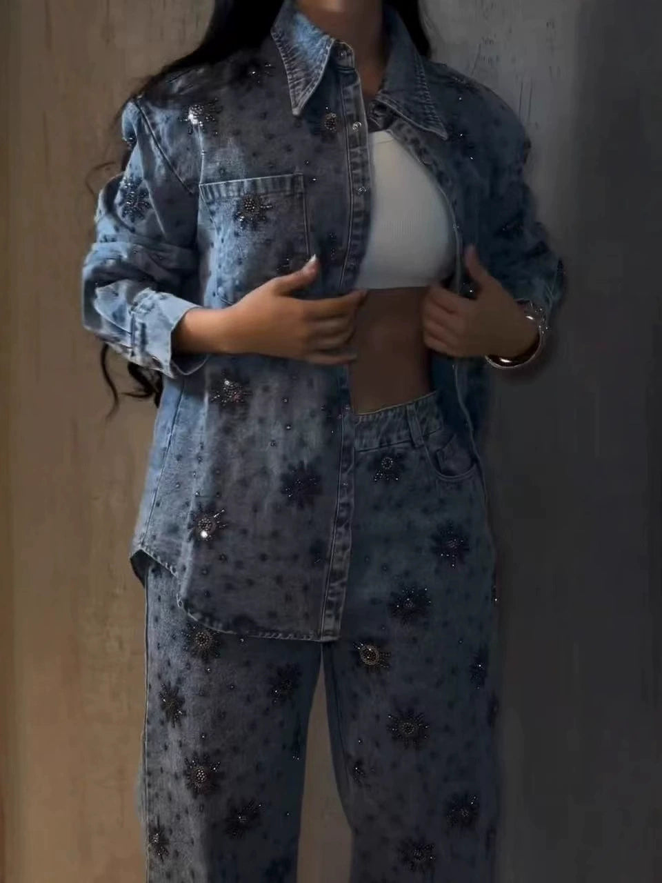 Rhinestone Sparkle Flower Print Denim Two Pieces Set