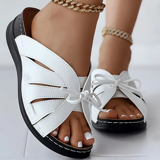 Chic White Lace - Up Leather Sandals